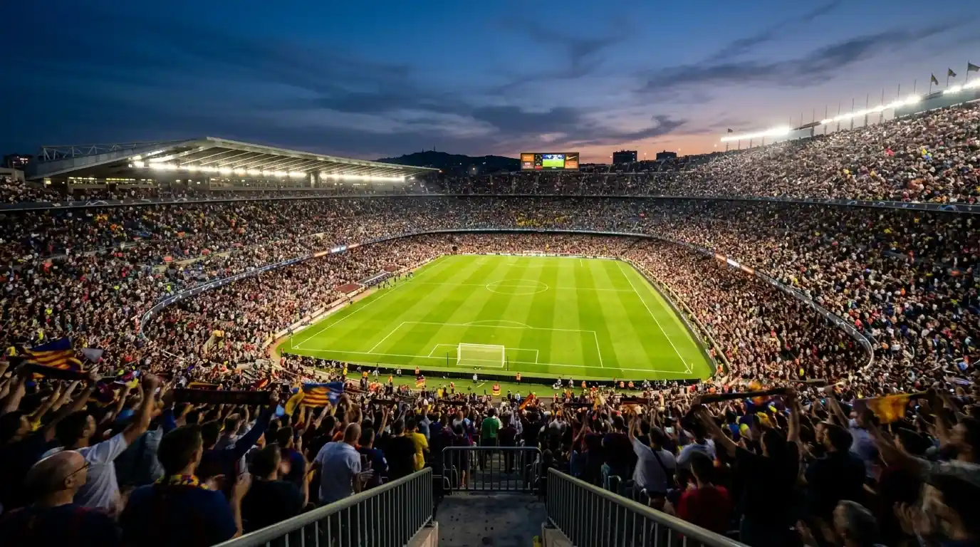 Panoramabild av en fullsatt fotbollsarena i kvällsljus efter en avgjord kvartsfinal.