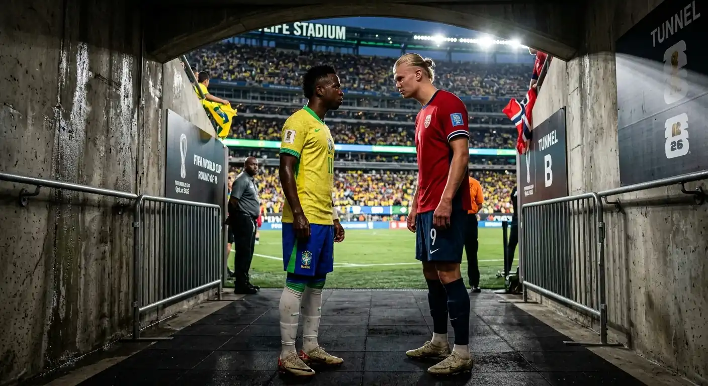 Haaland och Vinícius Jr i en symbolisk duell under VM 2026-belysning.