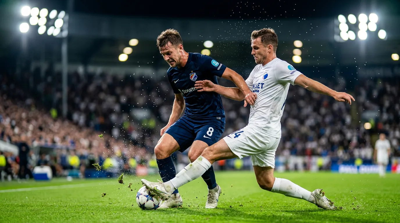 Fotbollsspelare i närkamp om bollen på en upplyst gräsplan under en intensiv kvällsmatch