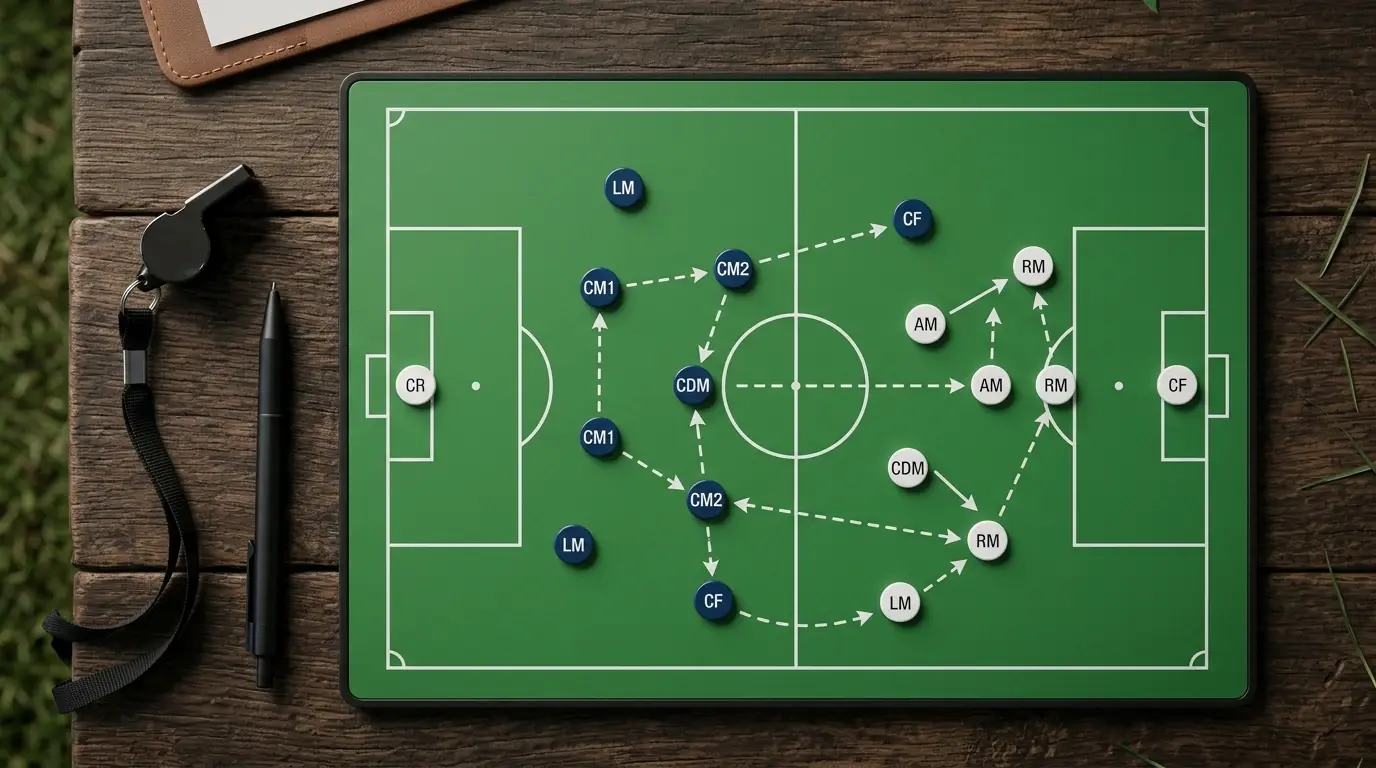 Taktiktavla med fotbollsformationer och speldragningar.