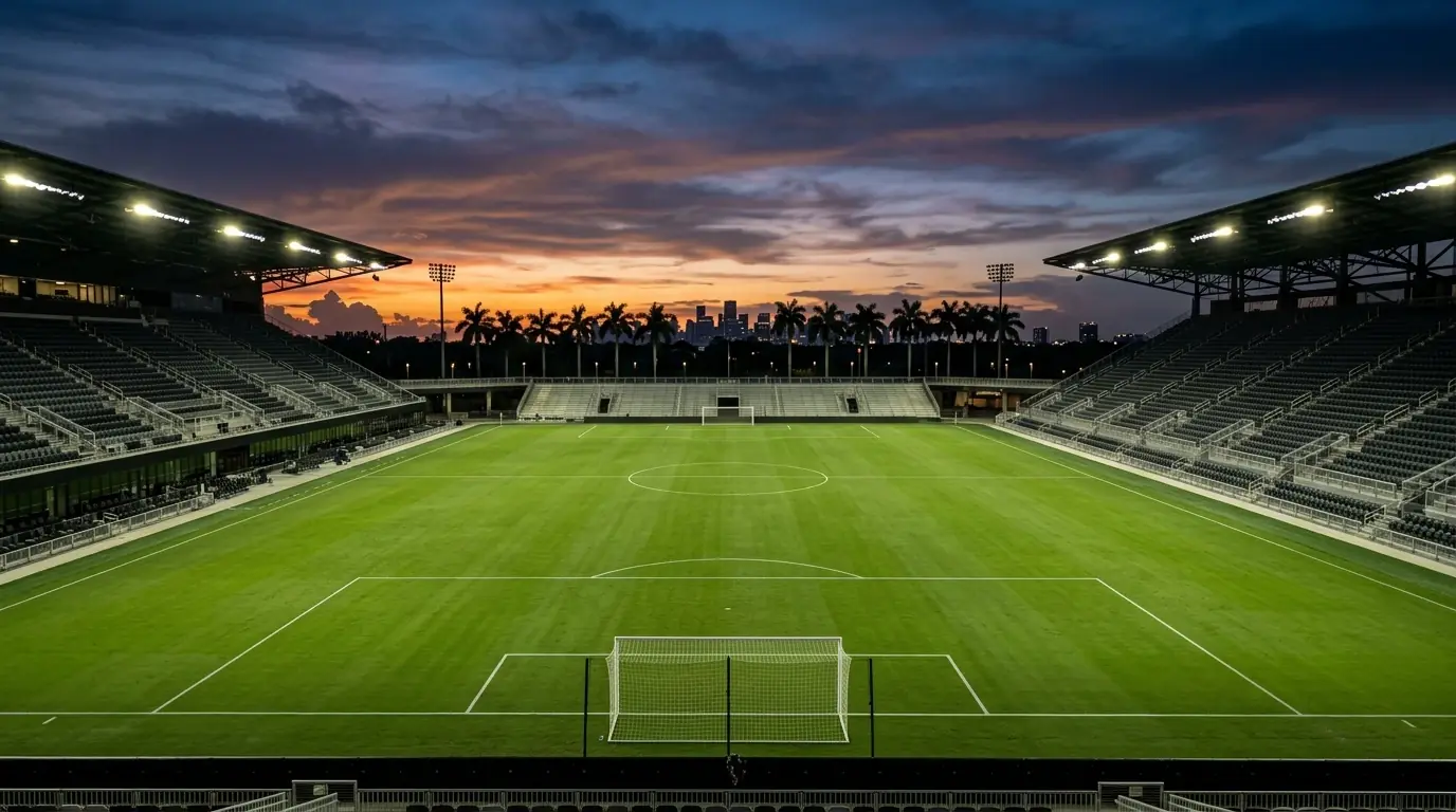 Fotbollsplan i skymning under ett dramatiskt himmelsljus inför en kvällsmatch.