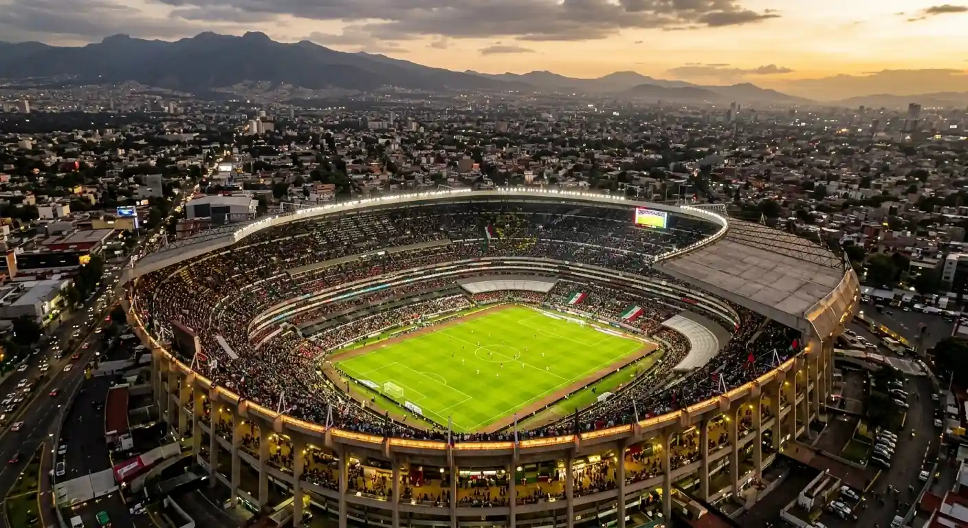 Estadio Azteca badat i kvällsljus inför den stora matchen.