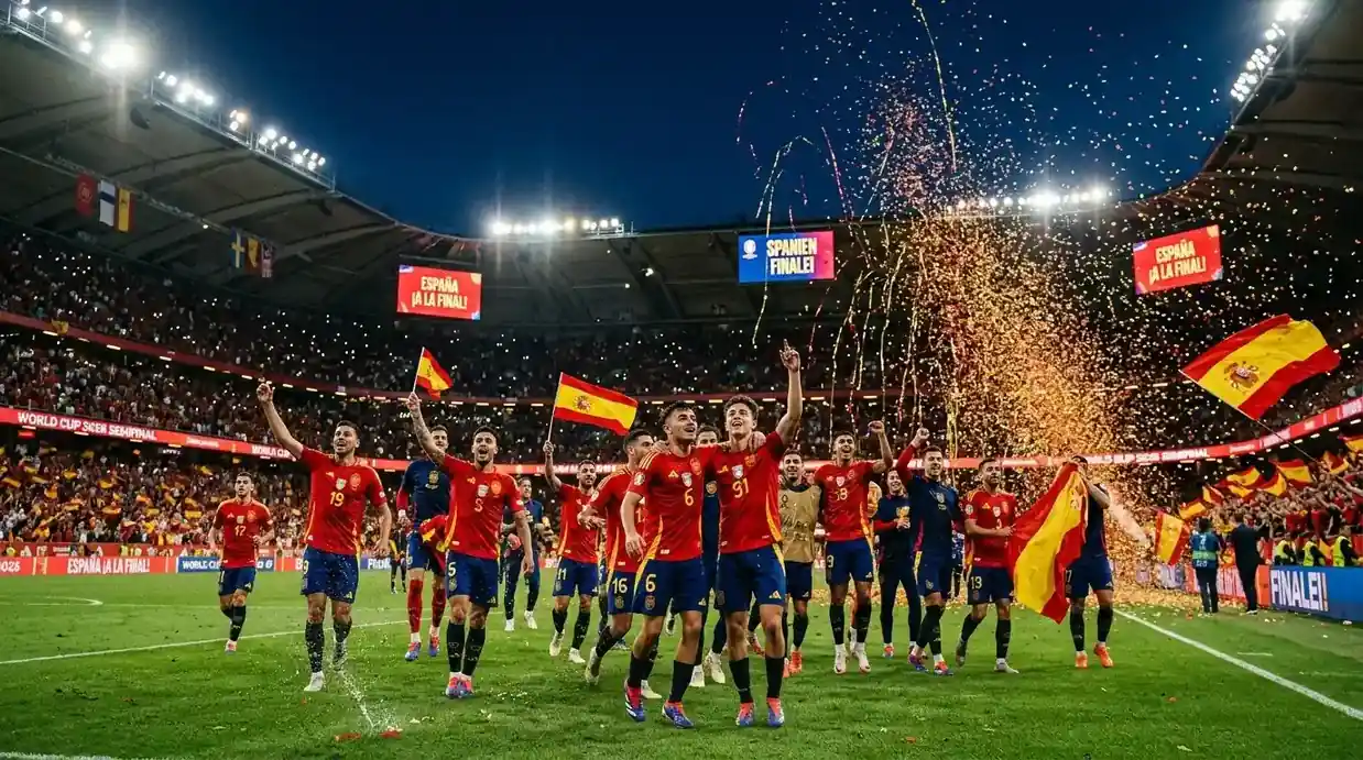 Spanien firar semifinalsegern mot Frankrike på AT&T Stadium — Oyarzabals straff och Porros 2–0 skickar La Roja till sin första VM-final sedan 2010.