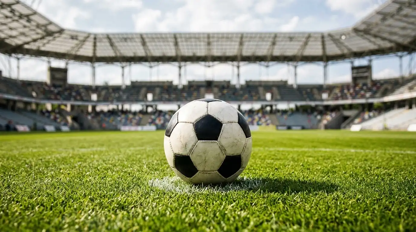 Fotboll på mittpunkten på en solbelyst arenaplan inför avspark.