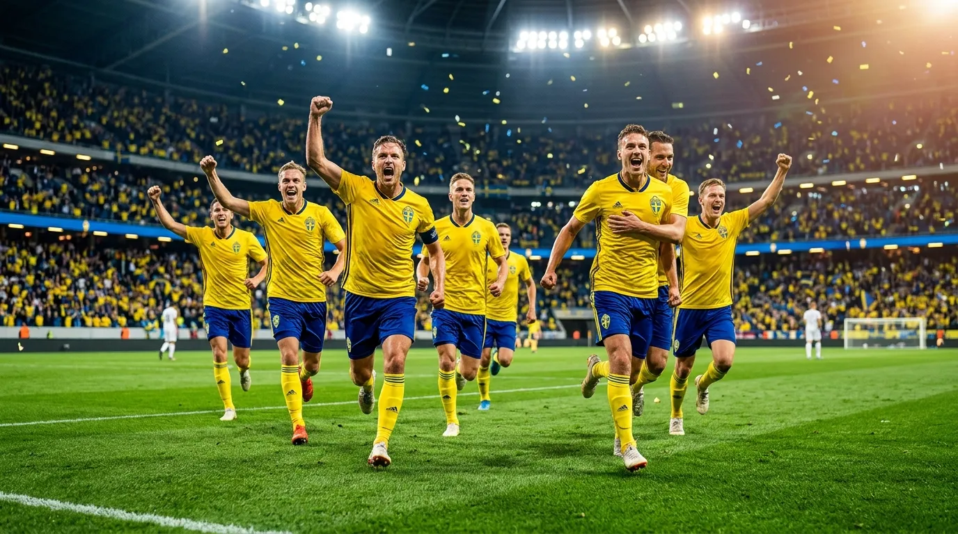 Svenska fotbollsspelare i gula tröjor firar ett mål på planen under kvällsbelysning