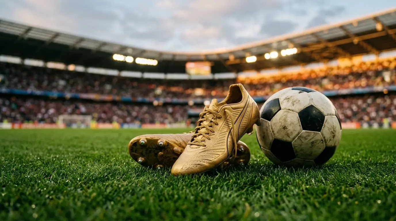 Fotbollsskor och en boll på en välklippt arenaplan i kvällsljus.