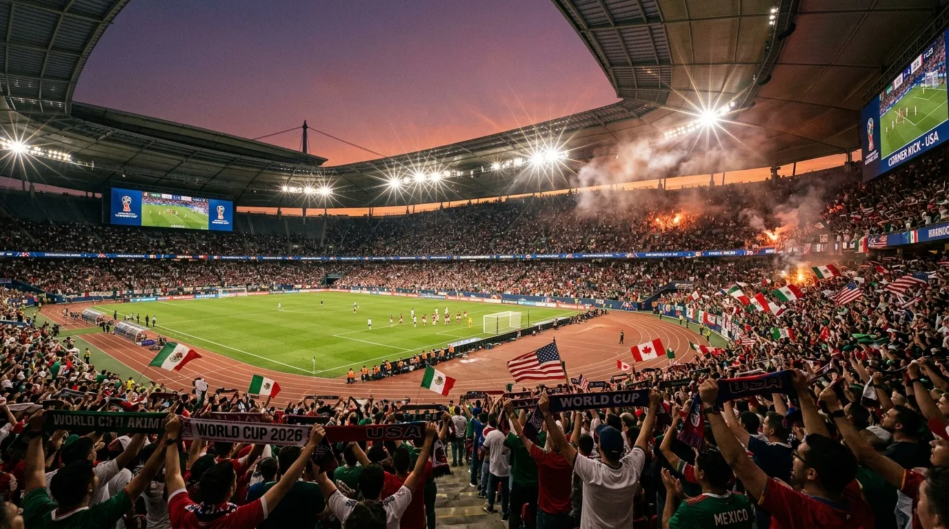 Fullsatt fotbollsstadion under en VM-kvällsmatch med strålkastare och livfull publik