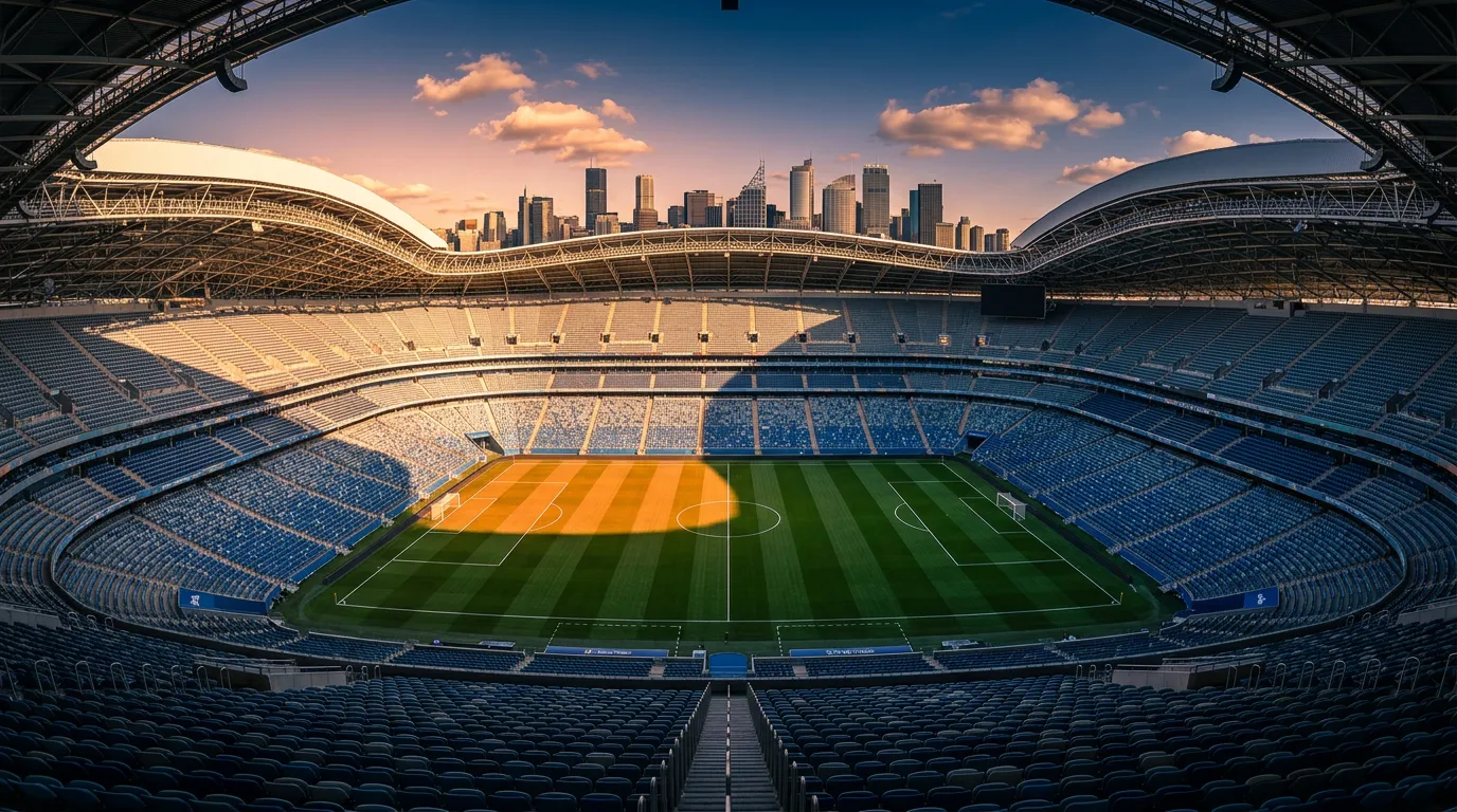 Panoramabild över en modern fotbollsarena i solnedgång med grönt gräs och tomma läktare redo för VM