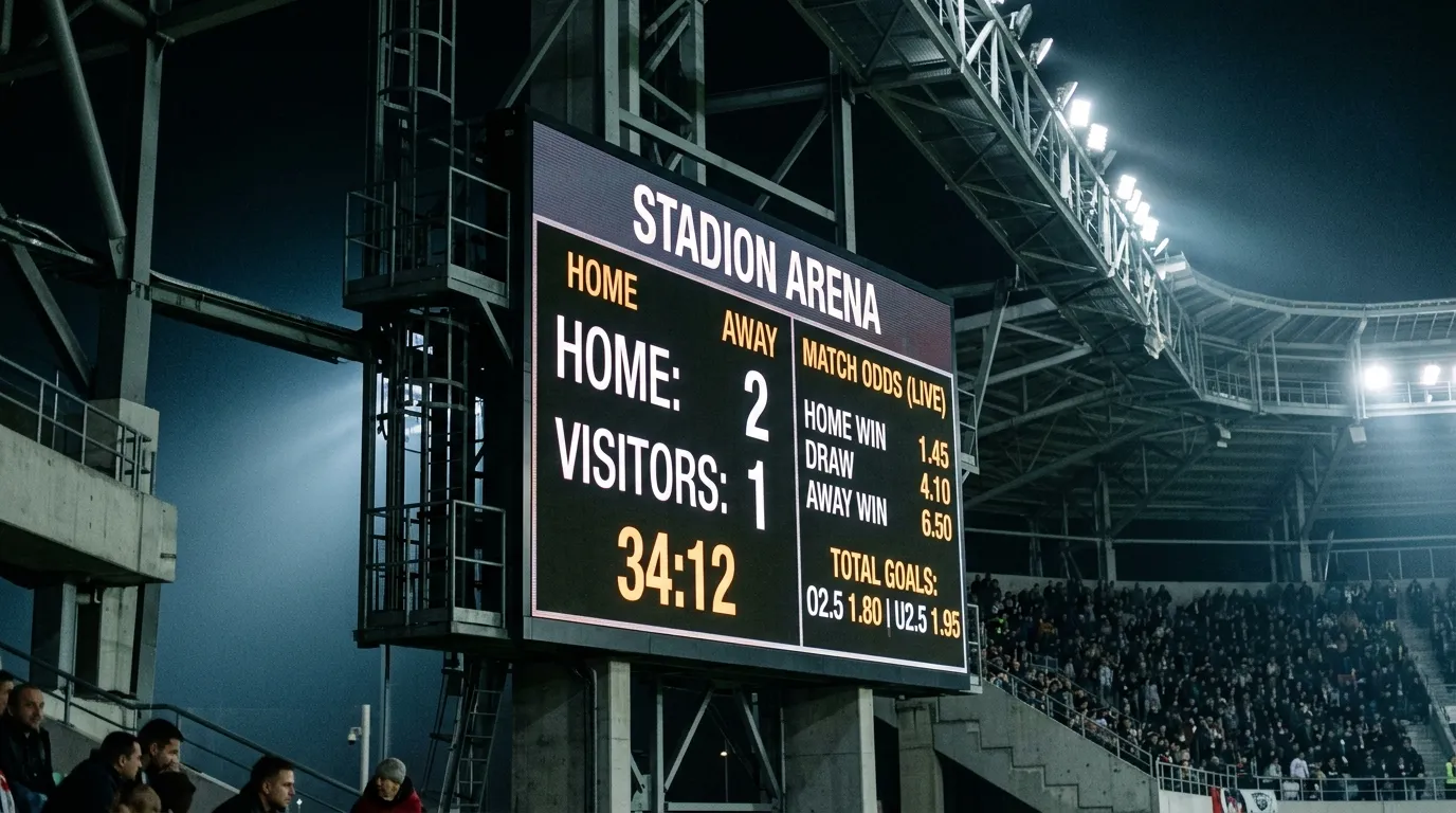 Närbild på en stor resultattavla i en fotbollsarena som visar matchstatistik under en kvällsmatch